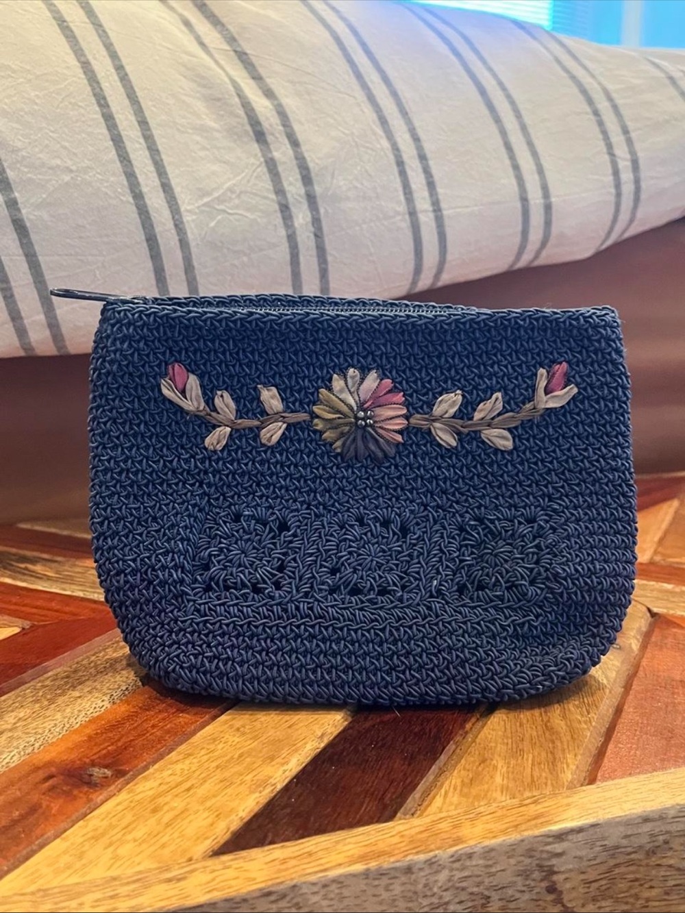 Cappelli Straworld Woven Navy Floral Embroidered Clutch